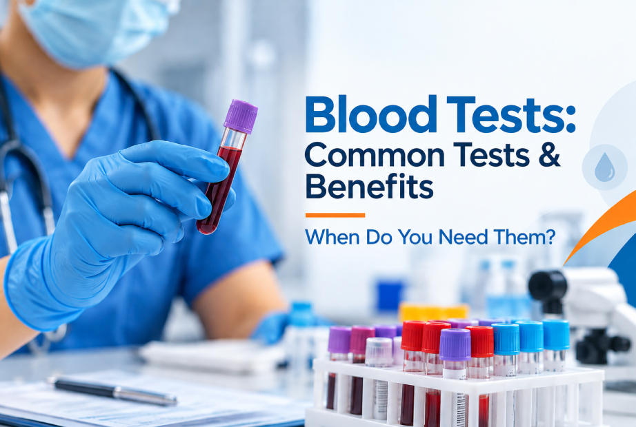 Blood test services showing a blood sample and laboratory testing equipment